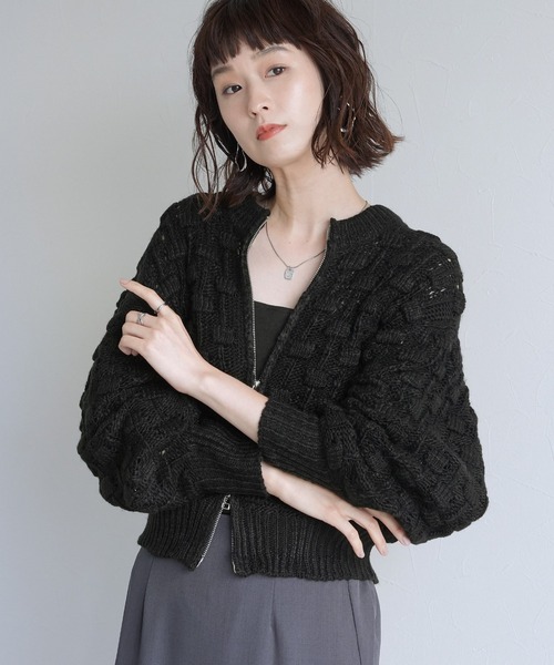 Yeoun(ヨウン)の「ダブルジップロービングニットカーディガン(カーディガン/ボレロ・レディース・ブラック/キナリ・FREE)」の5枚目の写真