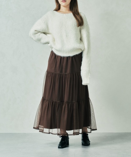 MISCH MASCH(ミッシュマッシュ)の「一部店舗限定 ニット×チュールスカートセットアップ(ワンピース・レディース・ブラウン/ブルー・フリ-)」の7枚目の写真