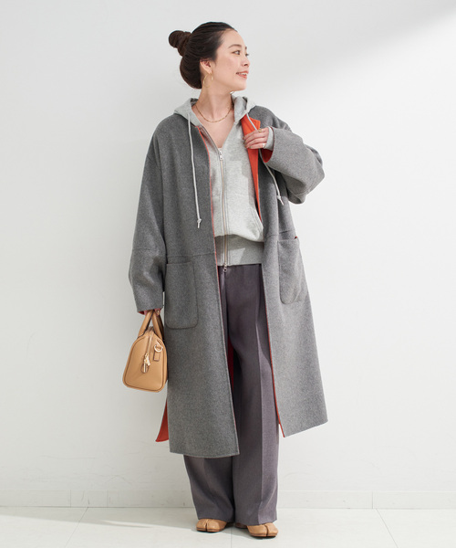 お値下げ　美品　リバーシブルコート 楽天市場】ノーカラーリバーシブル コート ミディアム丈 レディース