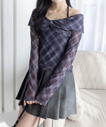 clear | ホルターキャミ付きチェックカットチュールトップス［韓国ファッション カジュアル Y2K］≪AW新作≫(Tシャツ/カットソー)