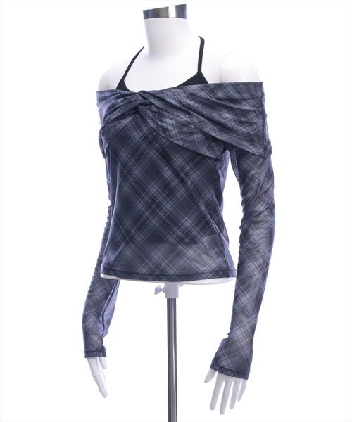 clear（クリア）の「ホルターキャミ付きチェックカットチュールトップス［韓国ファッション ガーリー］（Tシャツ/カットソー・レディース・ブラック/ブラウン・F）」の5枚目の写真