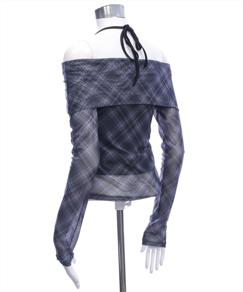 clear（クリア）の「ホルターキャミ付きチェックカットチュールトップス［韓国ファッション ガーリー］（Tシャツ/カットソー・レディース・ブラック/ブラウン・F）」の7枚目の写真