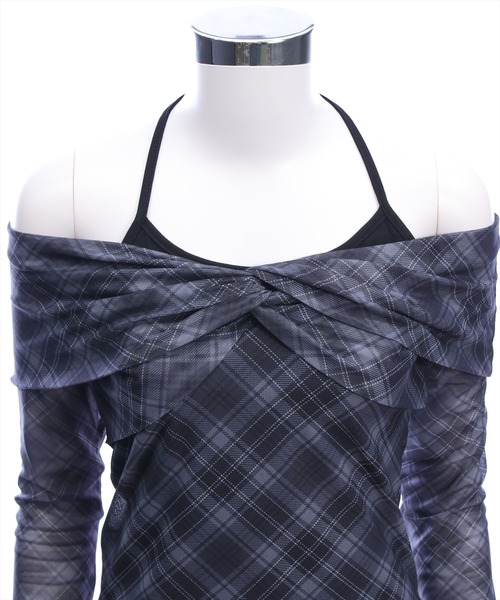 clear（クリア）の「ホルターキャミ付きチェックカットチュールトップス［韓国ファッション ガーリー］（Tシャツ/カットソー・レディース・ブラック/ブラウン・F）」の10枚目の写真