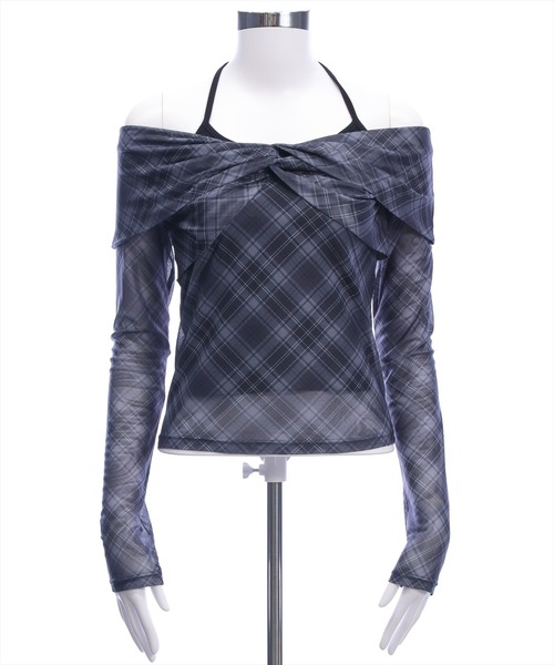 clear（クリア）の「ホルターキャミ付きチェックカットチュールトップス［韓国ファッション ガーリー］（Tシャツ/カットソー・レディース・ブラック/ブラウン・F）」の21枚目の写真