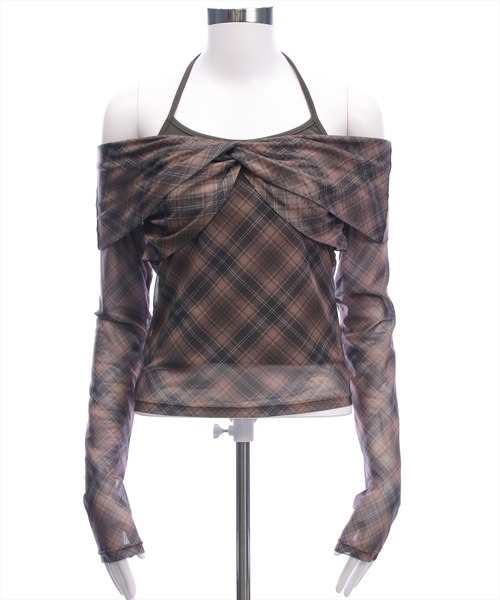 clear（クリア）の「ホルターキャミ付きチェックカットチュールトップス［韓国ファッション ガーリー］（Tシャツ/カットソー・レディース・ブラック/ブラウン・F）」の22枚目の写真