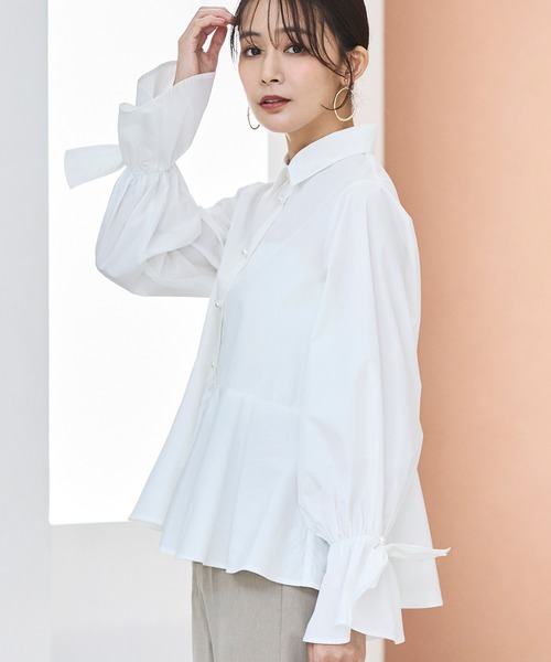 RUIRUE BOUTIQUE（ルイルエブティック）の「2WAY 洗える ｜ リボン アクセント ペプラム シャツ ブラウス  ｜ 長袖 トップス シャツブラウス（シャツ/ブラウス・レディース・ブラック/ライトグリーン/ホワイト・S/M/L/LL）」の2枚目の写真
