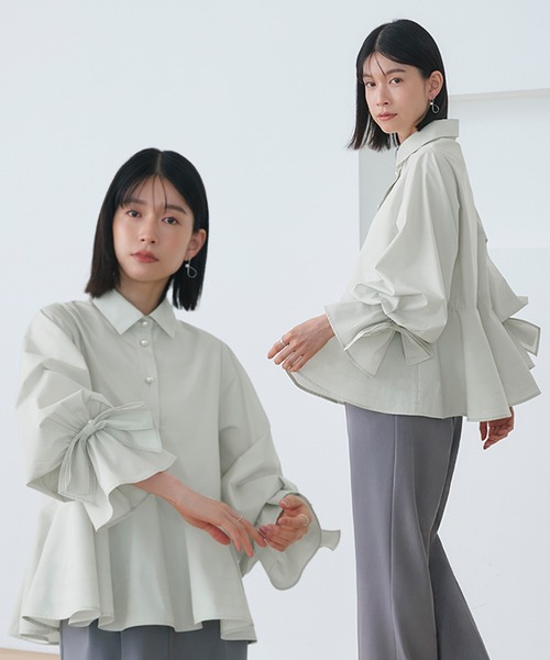 RUIRUE BOUTIQUE（ルイルエブティック）の「2WAY 洗える ｜ リボン アクセント ペプラム シャツ ブラウス  ｜ 長袖 トップス シャツブラウス（シャツ/ブラウス・レディース・ブラック/ライトグリーン/ホワイト・S/M/L/LL）」の3枚目の写真