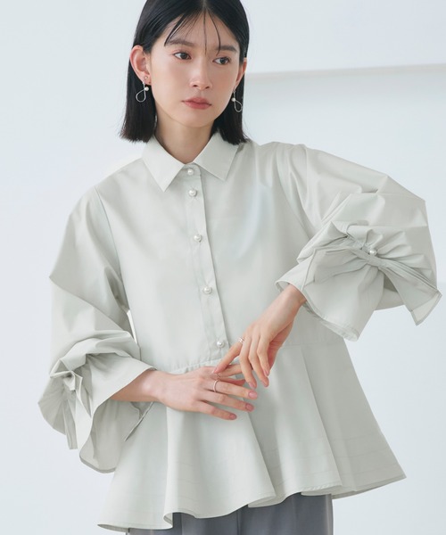 RUIRUE BOUTIQUE（ルイルエブティック）の「2WAY 洗える ｜ リボン アクセント ペプラム シャツ ブラウス  ｜ 長袖 トップス シャツブラウス（シャツ/ブラウス・レディース・ブラック/ライトグリーン/ホワイト・S/M/L/LL）」の4枚目の写真