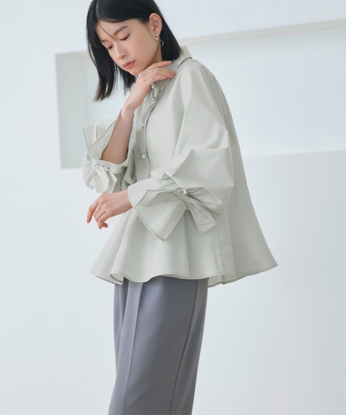 RUIRUE BOUTIQUE（ルイルエブティック）の「2WAY 洗える ｜ リボン アクセント ペプラム シャツ ブラウス  ｜ 長袖 トップス シャツブラウス（シャツ/ブラウス・レディース・ブラック/ライトグリーン/ホワイト・S/M/L/LL）」の5枚目の写真
