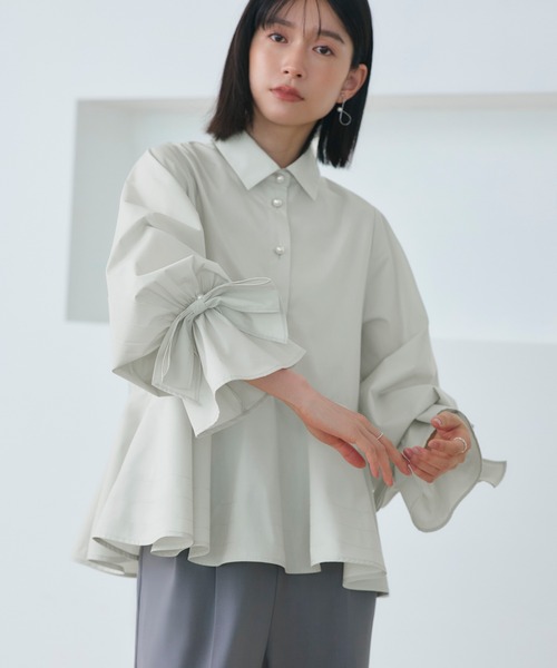RUIRUE BOUTIQUE（ルイルエブティック）の「2WAY 洗える ｜ リボン アクセント ペプラム シャツ ブラウス  ｜ 長袖 トップス シャツブラウス（シャツ/ブラウス・レディース・ブラック/ライトグリーン/ホワイト・S/M/L/LL）」の8枚目の写真