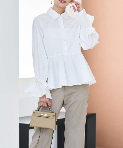 RUIRUE BOUTIQUE（ルイルエブティック）の「2WAY 洗える ｜ リボン アクセント ペプラム シャツ ブラウス  ｜ 長袖 トップス シャツブラウス（シャツ/ブラウス・レディース・ブラック/ライトグリーン/ホワイト・S/M/L/LL）」の12枚目の写真