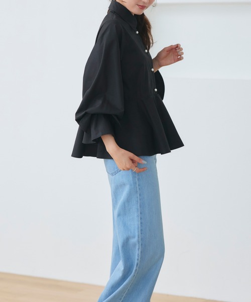 RUIRUE BOUTIQUE（ルイルエブティック）の「2WAY 洗える ｜ リボン アクセント ペプラム シャツ ブラウス  ｜ 長袖 トップス シャツブラウス（シャツ/ブラウス・レディース・ブラック/ライトグリーン/ホワイト・S/M/L/LL）」の16枚目の写真