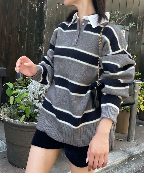 CHARME BY MICOLA（シャルムバイミコラ）の「トレンドのシャツ襟がドッキングしたデザイン♪7Gアルパカタッチ(真冬も◎)＋ブロードラガーシャツドッキングポロニット【初回分完売・最終入荷】（ニット/セーター・レディース・ネイビー/グレー・FREE）」の12枚目の写真
