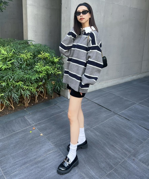 CHARME BY MICOLA（シャルムバイミコラ）の「トレンドのシャツ襟がドッキングしたデザイン♪7Gアルパカタッチ(真冬も◎)＋ブロードラガーシャツドッキングポロニット【初回分完売・最終入荷】（ニット/セーター・レディース・ネイビー/グレー・FREE）」の15枚目の写真