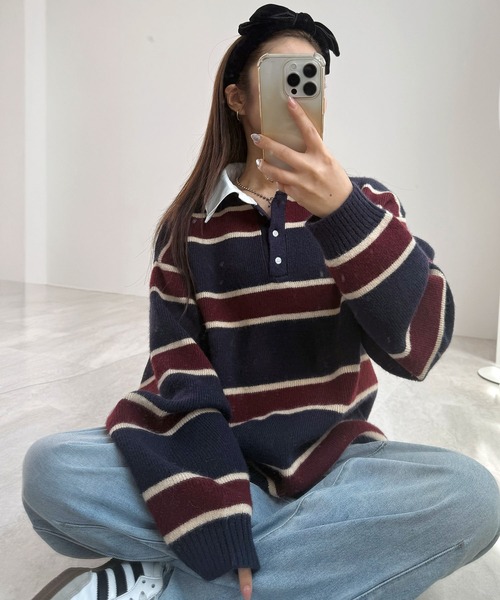 CHARME BY MICOLA（シャルムバイミコラ）の「トレンドのシャツ襟がドッキングしたデザイン♪7Gアルパカタッチ(真冬も◎)＋ブロードラガーシャツドッキングポロニット【初回分完売・最終入荷】（ニット/セーター・レディース・ネイビー/グレー・FREE）」の16枚目の写真