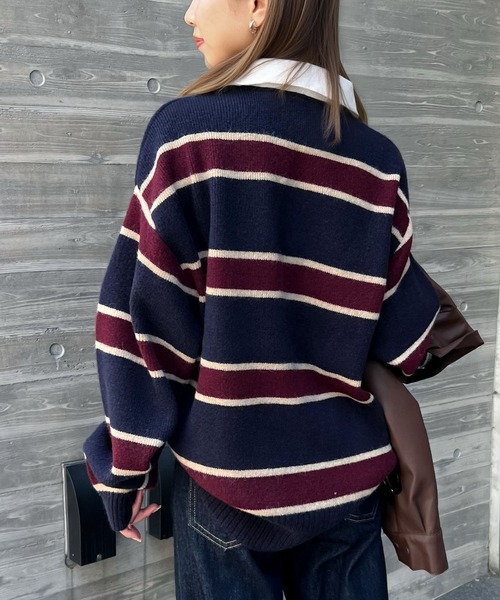 CHARME BY MICOLA（シャルムバイミコラ）の「トレンドのシャツ襟がドッキングしたデザイン♪7Gアルパカタッチ(真冬も◎)＋ブロードラガーシャツドッキングポロニット【初回分完売・最終入荷】（ニット/セーター・レディース・ネイビー/グレー・FREE）」の4枚目の写真