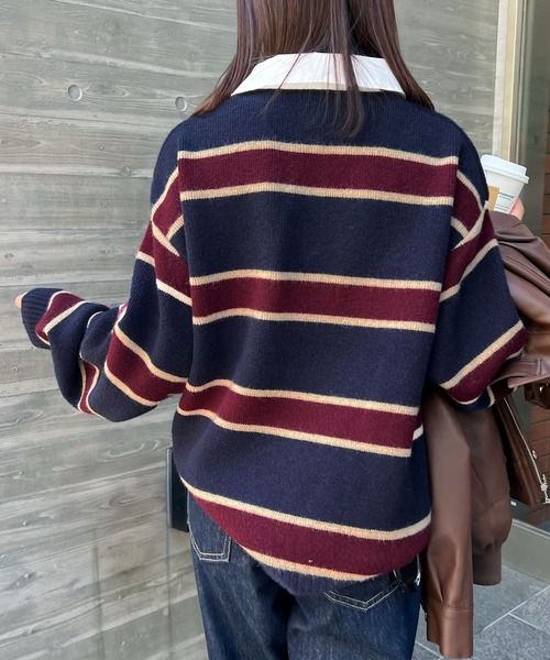 CHARME BY MICOLA（シャルムバイミコラ）の「トレンドのシャツ襟がドッキングしたデザイン♪7Gアルパカタッチ(真冬も◎)＋ブロードラガーシャツドッキングポロニット【初回分完売・最終入荷】（ニット/セーター・レディース・ネイビー/グレー・FREE）」の5枚目の写真