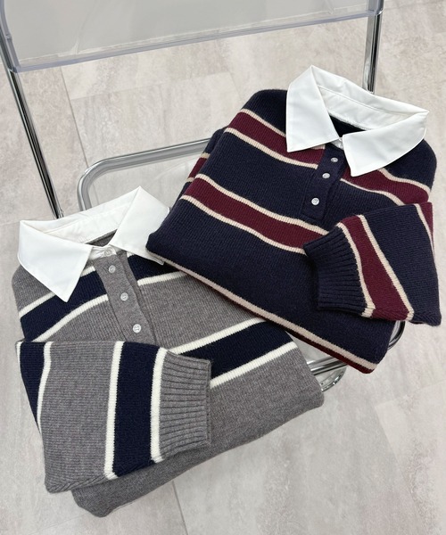 CHARME BY MICOLA（シャルムバイミコラ）の「トレンドのシャツ襟がドッキングしたデザイン♪7Gアルパカタッチ(真冬も◎)＋ブロードラガーシャツドッキングポロニット【初回分完売・最終入荷】（ニット/セーター・レディース・ネイビー/グレー・FREE）」の22枚目の写真