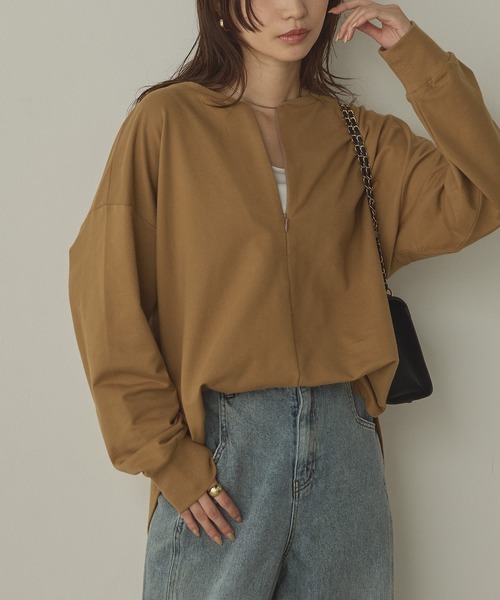 hunch（ハンチ）の「【WEB限定/別注】2WAY ハーフジップスウェット（スウェット・レディース・ブラック/カーキ/ネイビー/ライトベージュ・FREE）」の6枚目の写真