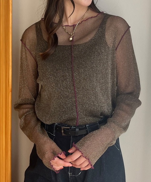 STYLEBLOCK（スタイルブロック）の「ラメシアー配色メロートップス（Tシャツ/カットソー・レディース・ボルドー/ブラウン/チャコールグレー/アイボリー/ブラック・FREE）」の4枚目の写真