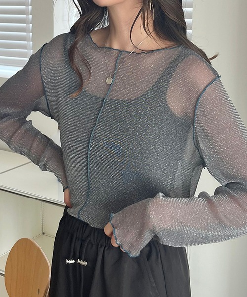 STYLEBLOCK（スタイルブロック）の「ラメシアー配色メロートップス（Tシャツ/カットソー・レディース・ボルドー/ブラウン/チャコールグレー/アイボリー/ブラック・FREE）」の3枚目の写真