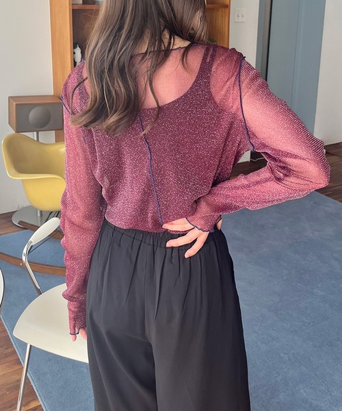 STYLEBLOCK（スタイルブロック）の「ラメシアー配色メロートップス（Tシャツ/カットソー・レディース・ボルドー/ブラウン/チャコールグレー/アイボリー/ブラック・FREE）」の10枚目の写真