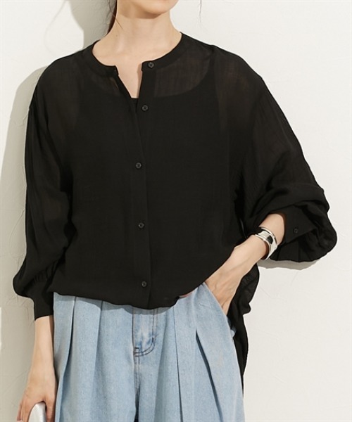 nissen（ニッセン）の「シアーワッシャーバンドカラーシャツ（シャツ/ブラウス・レディース・ベージュ/ブラック/ブラウン・L/M）」の2枚目の写真