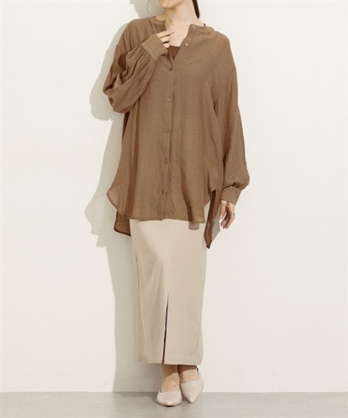 nissen（ニッセン）の「シアーワッシャーバンドカラーシャツ（シャツ/ブラウス・レディース・ベージュ/ブラック/ブラウン・L/M）」の4枚目の写真