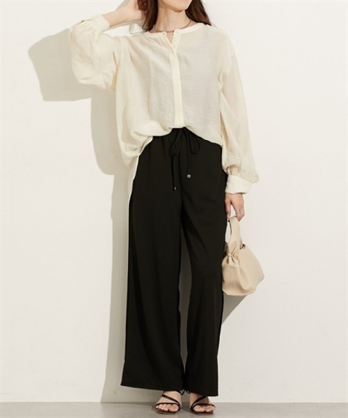 nissen（ニッセン）の「シアーワッシャーバンドカラーシャツ（シャツ/ブラウス・レディース・ベージュ/ブラック/ブラウン・L/M）」の8枚目の写真