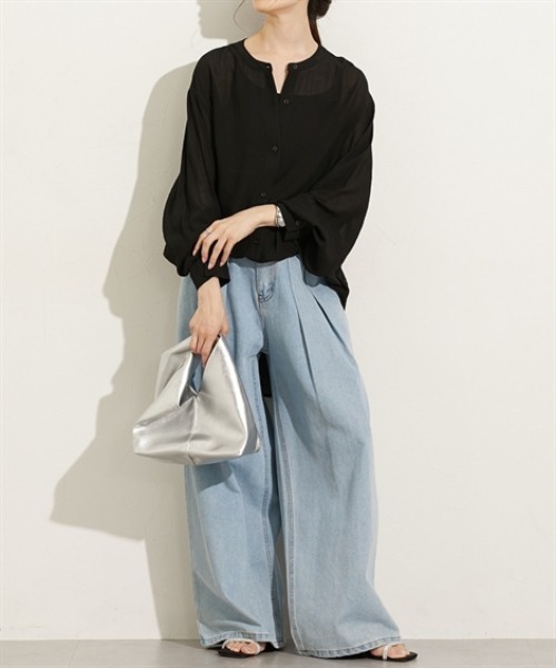 nissen（ニッセン）の「シアーワッシャーバンドカラーシャツ（シャツ/ブラウス・レディース・ベージュ/ブラック/ブラウン・L/M）」の11枚目の写真