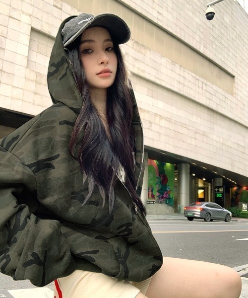 セール】オーバーサイズカモフラ迷彩ジップパーカー（パーカー）｜yuue