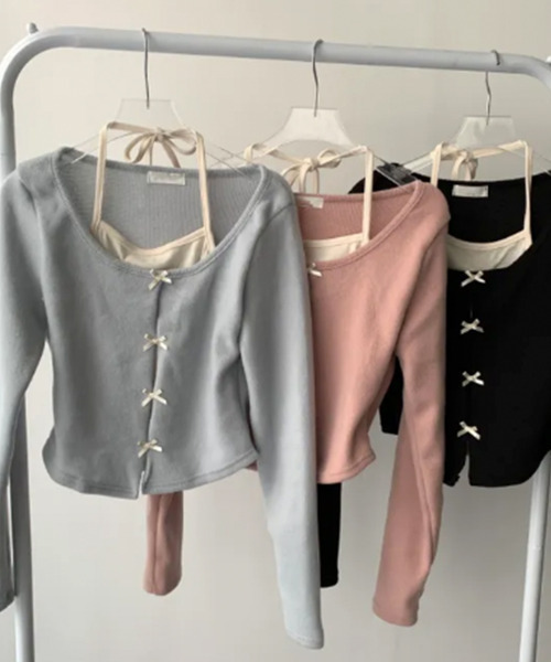 VIVID LADY(ビビッドレディー)の「チョーカーストラップ付き レイヤード風 ショート丈 ロンT(Tシャツ/カットソー・レディース・ライトブルー/ブラック/ピンク・FREE)」の15枚目の写真