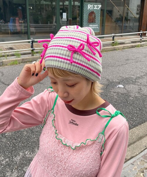 HELLO.SANFRANCISCO（ハローサンフランシスコ）の「【HELLO.SANFRANCISCO/ハローサンフランシスコ】リボン付きマルチボーダービーニー帽（キャップ・レディース・イエロー/ピンク/ブルー・ONE SIZE）」の3枚目の写真