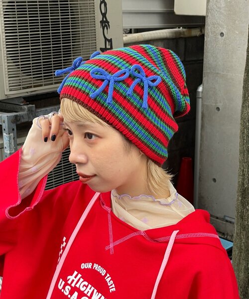 HELLO.SANFRANCISCO（ハローサンフランシスコ）の「【HELLO.SANFRANCISCO/ハローサンフランシスコ】リボン付きマルチボーダービーニー帽（キャップ・レディース・イエロー/ピンク/ブルー・ONE SIZE）」の4枚目の写真