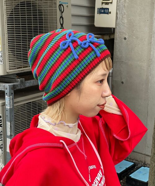 HELLO.SANFRANCISCO（ハローサンフランシスコ）の「【HELLO.SANFRANCISCO/ハローサンフランシスコ】リボン付きマルチボーダービーニー帽（キャップ・レディース・イエロー/ピンク/ブルー・ONE SIZE）」の5枚目の写真