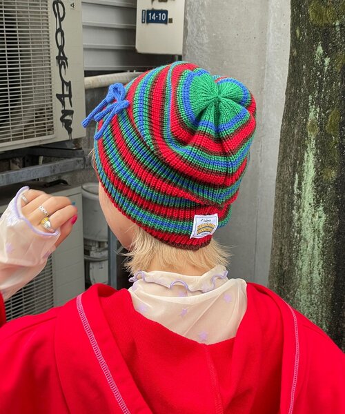 HELLO.SANFRANCISCO（ハローサンフランシスコ）の「【HELLO.SANFRANCISCO/ハローサンフランシスコ】リボン付きマルチボーダービーニー帽（キャップ・レディース・イエロー/ピンク/ブルー・ONE SIZE）」の6枚目の写真