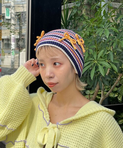 HELLO.SANFRANCISCO（ハローサンフランシスコ）の「【HELLO.SANFRANCISCO/ハローサンフランシスコ】リボン付きマルチボーダービーニー帽（キャップ・レディース・イエロー/ピンク/ブルー・ONE SIZE）」の8枚目の写真