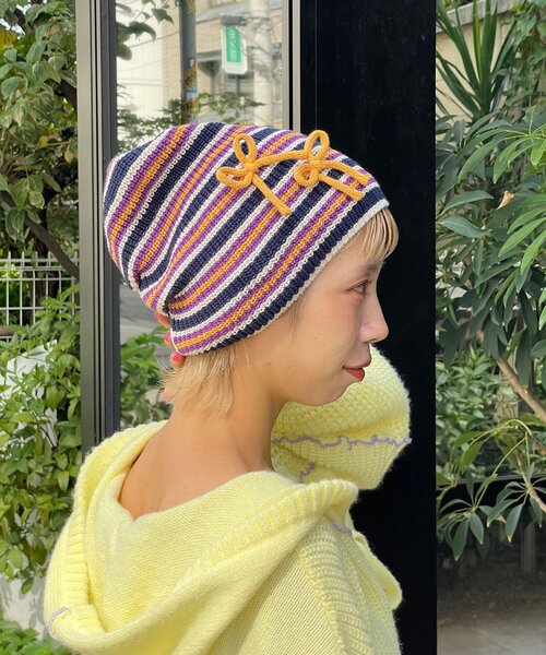 HELLO.SANFRANCISCO（ハローサンフランシスコ）の「【HELLO.SANFRANCISCO/ハローサンフランシスコ】リボン付きマルチボーダービーニー帽（キャップ・レディース・イエロー/ピンク/ブルー・ONE SIZE）」の9枚目の写真