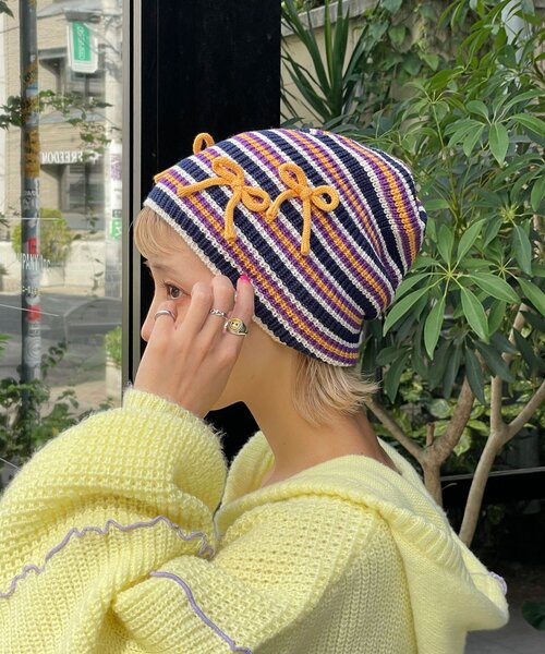 HELLO.SANFRANCISCO（ハローサンフランシスコ）の「【HELLO.SANFRANCISCO/ハローサンフランシスコ】リボン付きマルチボーダービーニー帽（キャップ・レディース・イエロー/ピンク/ブルー・ONE SIZE）」の10枚目の写真