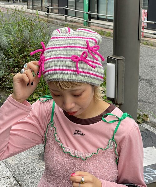 HELLO.SANFRANCISCO（ハローサンフランシスコ）の「【HELLO.SANFRANCISCO/ハローサンフランシスコ】リボン付きマルチボーダービーニー帽（キャップ・レディース・イエロー/ピンク/ブルー・ONE SIZE）」の16枚目の写真