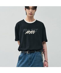 ストリング刺繍リンガーハーフTシャツ[ブラック]