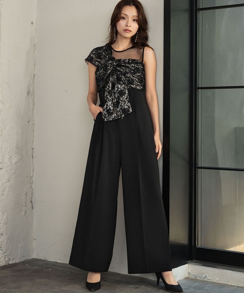 2026春新作》アシンメトリーリボン ジャガード パンツドレス