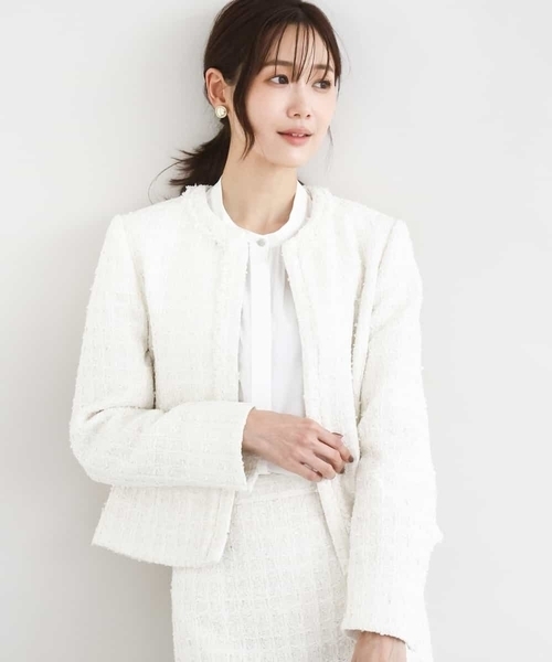 MK MICHEL KLEIN（エムケーミッシェルクラン）の「ノーカラーファンシーツイードジャケット/セットアップ対応/洗える（ノーカラージャケット・レディース・アイボリー/ネイビー・40/38）」の2枚目の写真