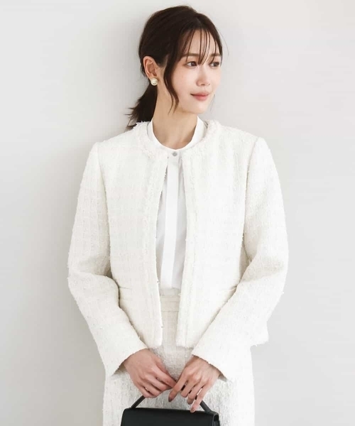 MK MICHEL KLEIN（エムケーミッシェルクラン）の「ノーカラーファンシーツイードジャケット/セットアップ対応/洗える（ノーカラージャケット・レディース・アイボリー/ネイビー・40/38）」の9枚目の写真