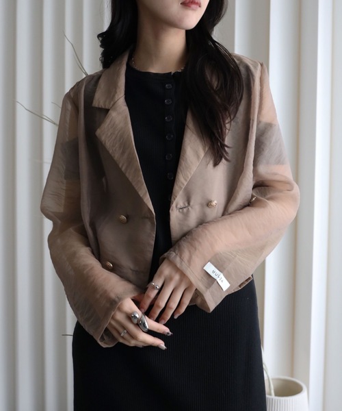 YENNA（イェンナ）の「シアーショートテーラードジャケット（テーラードジャケット・レディース・カーキ/ブラック/ベージュ/ブラウン/グレー・FREE）」の4枚目の写真