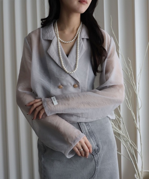 YENNA（イェンナ）の「シアーショートテーラードジャケット（テーラードジャケット・レディース・カーキ/ブラック/ベージュ/ブラウン/グレー・FREE）」の2枚目の写真