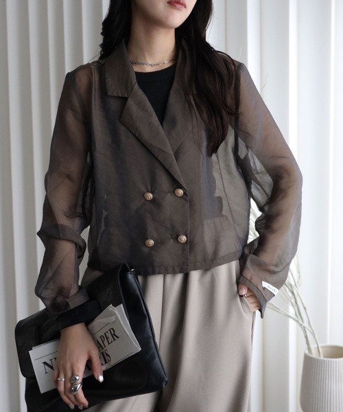 YENNA（イェンナ）の「シアーショートテーラードジャケット（テーラードジャケット・レディース・カーキ/ブラック/ベージュ/ブラウン/グレー・FREE）」の5枚目の写真