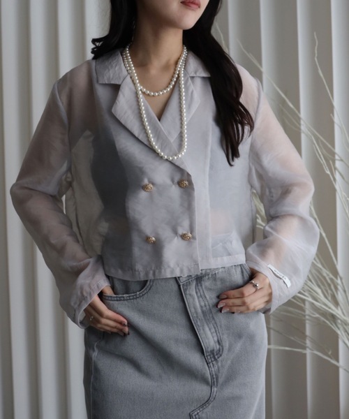 YENNA（イェンナ）の「シアーショートテーラードジャケット（テーラードジャケット・レディース・カーキ/ブラック/ベージュ/ブラウン/グレー・FREE）」の18枚目の写真