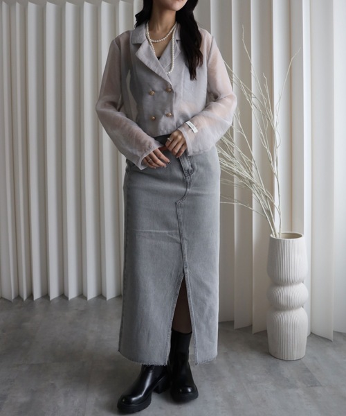 YENNA（イェンナ）の「シアーショートテーラードジャケット（テーラードジャケット・レディース・カーキ/ブラック/ベージュ/ブラウン/グレー・FREE）」の12枚目の写真