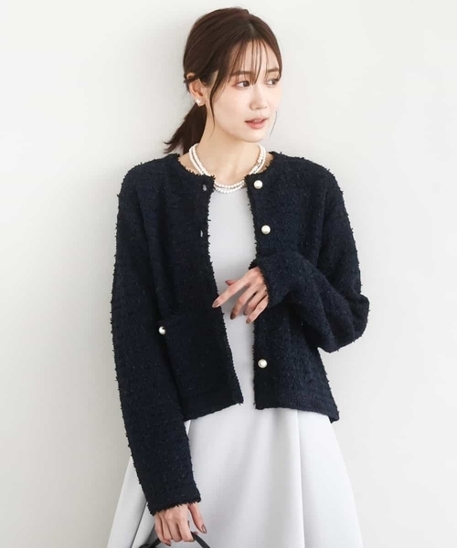 MK MICHEL KLEIN（エムケーミッシェルクラン）の「ニットツイードジャケット/洗える（ノーカラージャケット・レディース・ネイビー/ホワイト・38）」の2枚目の写真